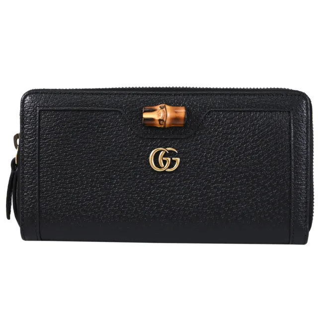 【GUCCI 古馳】Diana GG 經典雙G竹節飾扣荔枝皮革發財零錢長夾(黑)