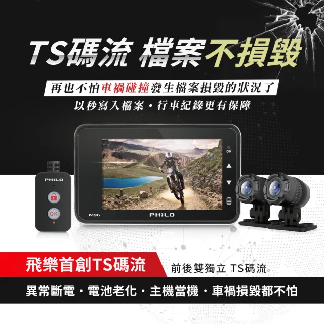 【Philo 飛樂】M96 聯詠晶片 機車行車紀錄器 1080P雙鏡頭  贈64G+GPS IP68鏡頭防水 TS碼流 機車記錄器