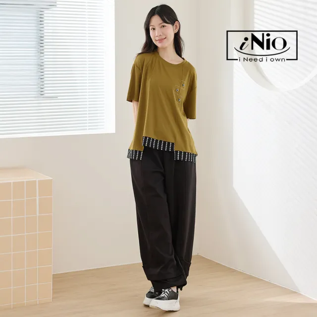 【iNio 衣著美學】層次拼接抽繩哈倫褲 鬆緊腰垂墜寬褲 褲管縮口設計 休閒長褲  CHW2023