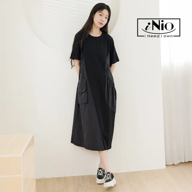 【iNio 衣著美學】不對稱拼接短袖連身裙 寬鬆垂墜顯瘦洋裝 口袋設計 休閒長洋裝  CHW3001