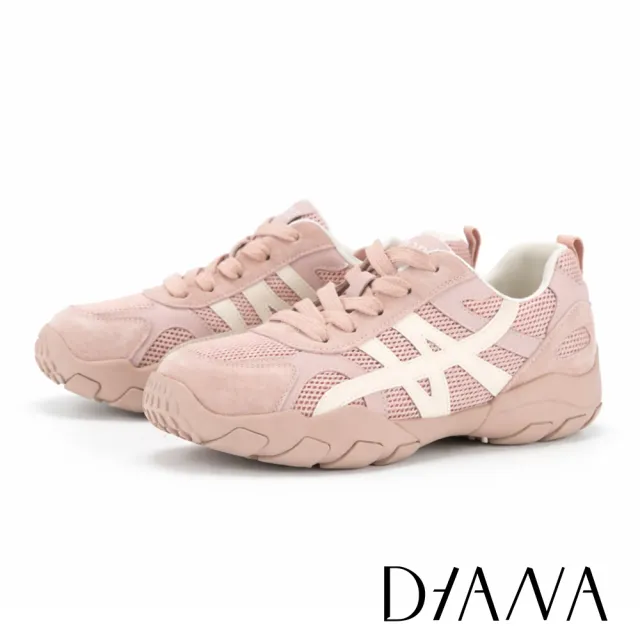 【DIANA】舒適撞色異材質綁帶休閒鞋 粉色