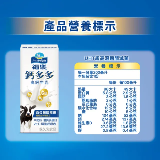 【福樂】機能保久乳-鈣多多高鈣200mlx2箱(共48入)(中元普渡拜拜)