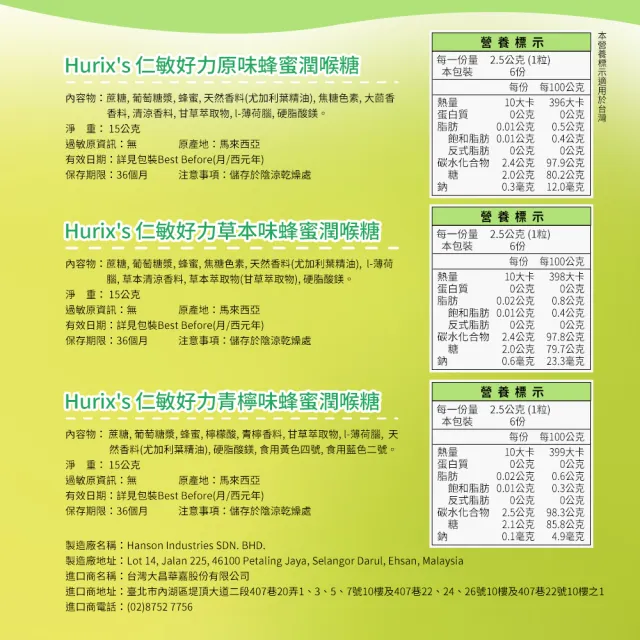 【Hurix’s】Hurix’s 仁敏好力蜂蜜潤喉糖盒裝(12包/盒)(口味任選)