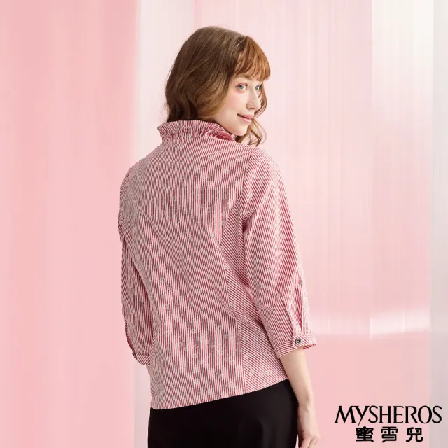 【MYSHEROS 蜜雪兒】純棉條紋襯衫上衣 排釦束口V領 滿版花紋印花(紅)