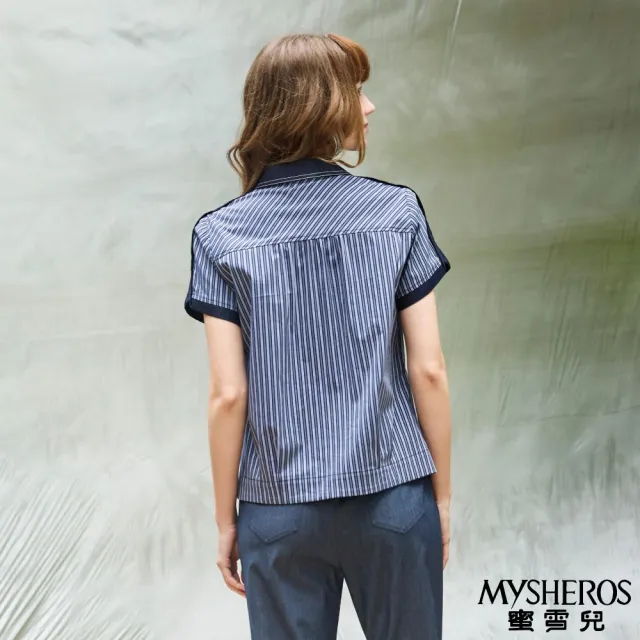 【MYSHEROS 蜜雪兒】條紋襯衫上衣 翻領排釦 仿牛仔面料拼接(藍)