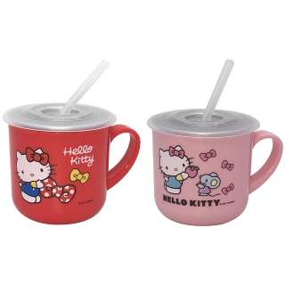 【SANRIO 三麗鷗】Hello Kitty不鏽鋼兒童吸管杯240ml超值2件組(紅粉各1)