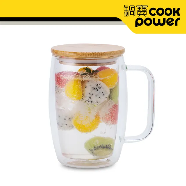【CookPower 鍋寶】高硼硅晶透耐熱雙層玻璃杯500ml(附贈竹製杯蓋)