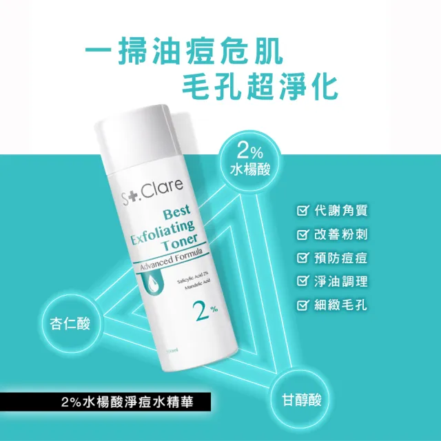 【St.Clare 聖克萊爾】2%水楊酸淨痘水精華100mlx2入(淨油抗痘/代謝粉刺)
