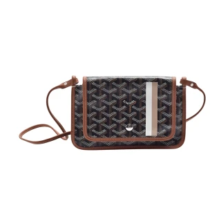 【GOYARD 高雅德】Plumet系列防水帆布LOGO棕白條紋牛皮飾邊手拿/斜背包(棕)