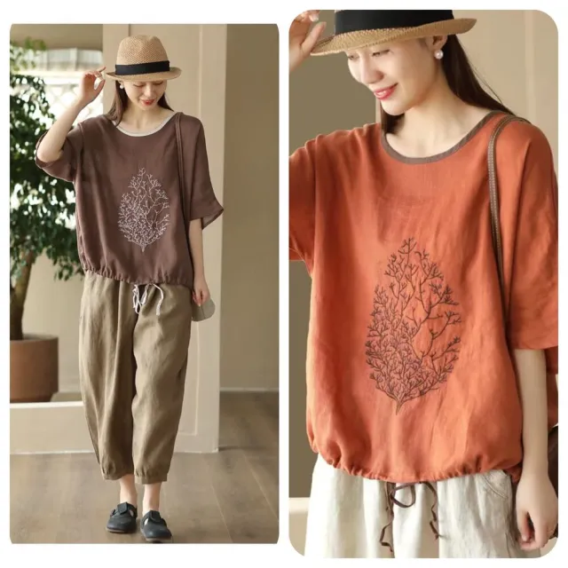 【AKARA】散熱透氣涼感樹繡花棉麻五分袖上衣 4色 中大尺碼 M-3XL