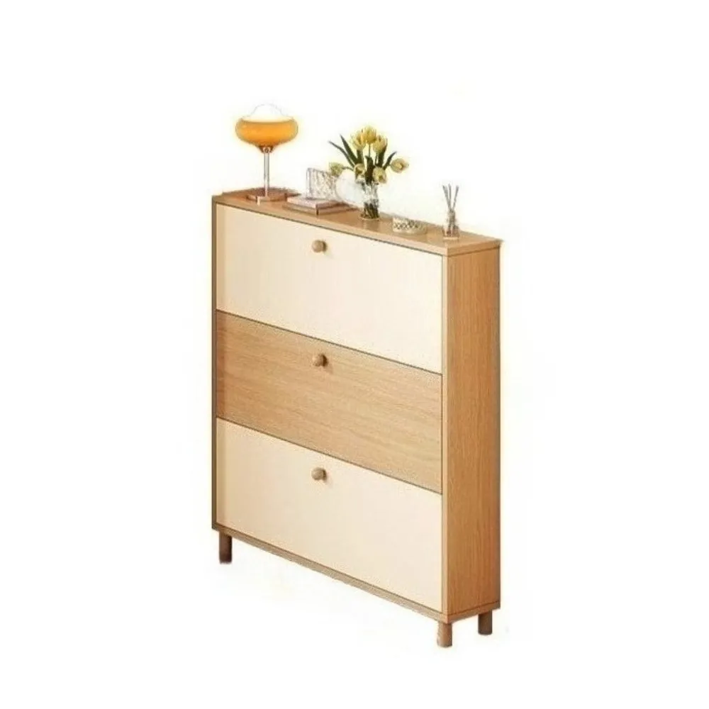 簡約翻鬥鞋櫃 原木色+奶油白色100×17×120cm(超薄省空間/透氣防潮/加高實木腿)