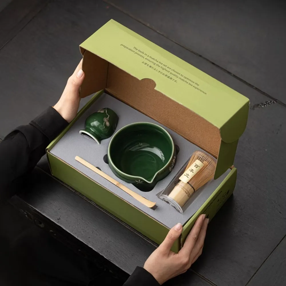 日式青璃抹茶茶道四件組-禮盒(點茶 禮物 聚會 茶碗 茶具 茶杓 泡茶 攪拌刷 百本立 工具 配件 勺)