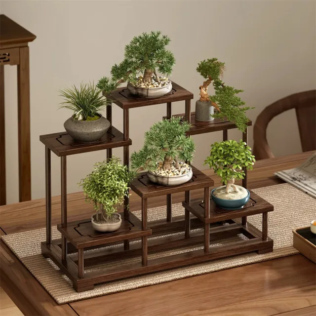 新川實木桌面博古架花架檯面小型擺件免安裝小型盆栽架多肉展示架小花臺