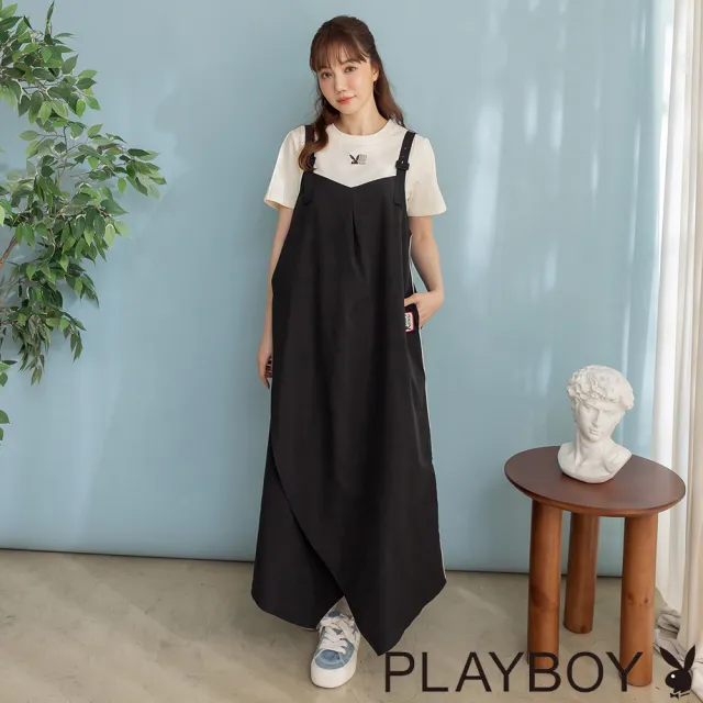 【PLAYBOY】繭型不對稱吊帶連衣裙 - 黑色