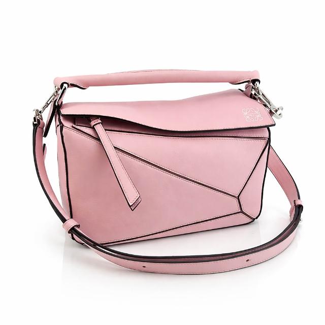 【LOEWE 羅威】PUZZLE 粉紅色幾何拼接牛皮手提肩背兩用包(展示品)