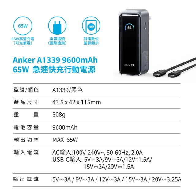 【ANKER】官方授權直營 A1339 Prime急速快充行動電源9600mAh 65W(Wh標示/自帶插頭/支援筆電/Switch/附線)
