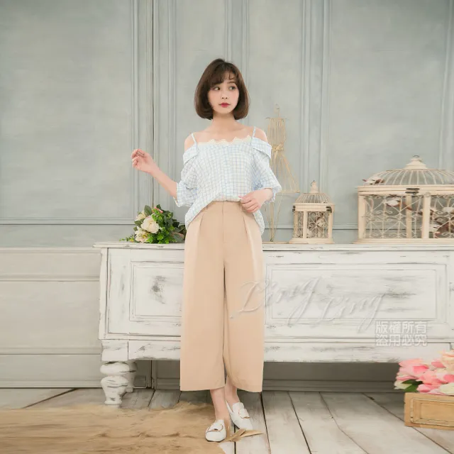 【lingling】露肩格紋蕾絲拼接五分袖上衣 女裝女上衣(PA4116-共2色)