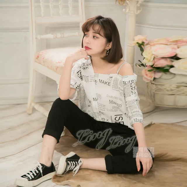 【lingling】字母印花斜肩五分袖上衣 女裝女上衣(PA4118-字母印花)