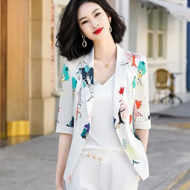 【米蘭精品】雙11現貨限搶 西裝外套休閒西服(中袖印花修身春夏女外套2色74co4)