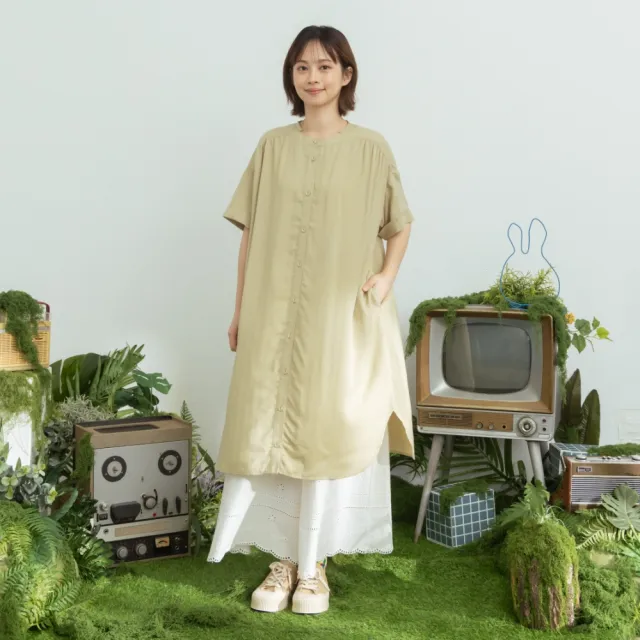 【MOSS CLUB】圓領開襟後拼接荷葉邊襯衫洋裝 黑 綠(魅力商品)