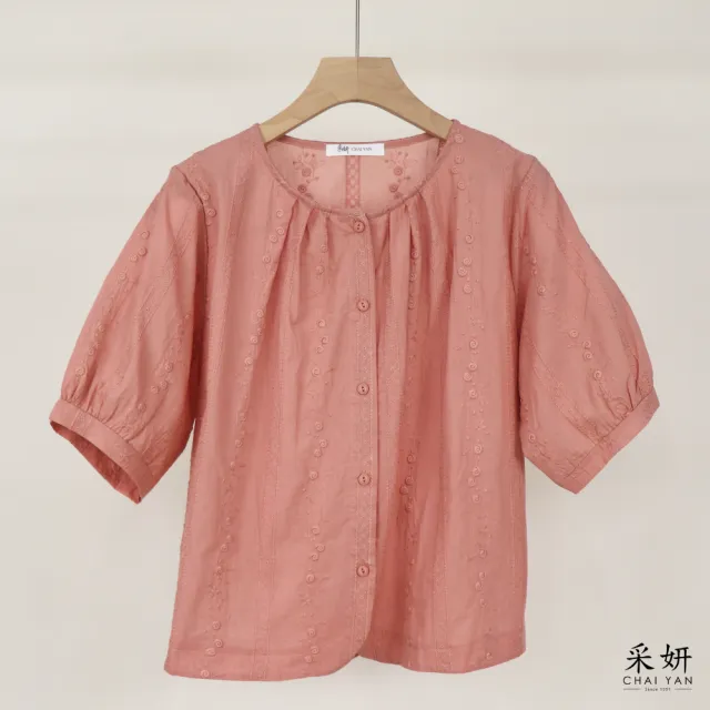 【CHAI YAN 采妍】刺繡花棉麻短袖襯衫(春夏女裝/中大尺碼/寬鬆/透氣/優雅)