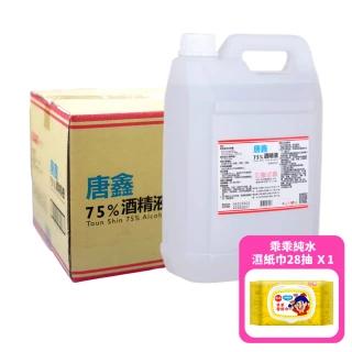 【唐鑫】75%酒精液 6桶+乖乖聯名濕巾 1包(4000ml x6桶+28抽純水濕巾x1包 防疫清潔)