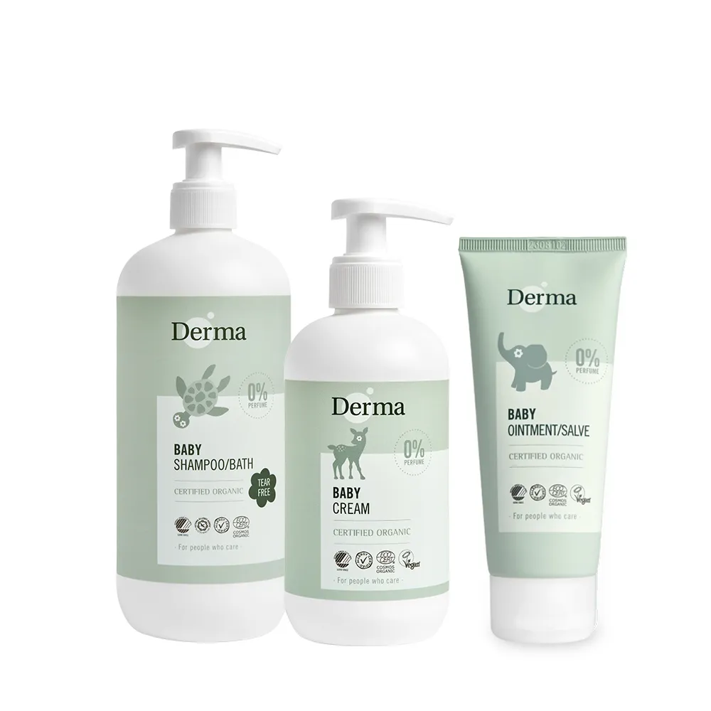 【Derma 丹麥德瑪】寶寶家庭洗護三件組-沐浴露500ml+護膚霜250ml+萬用膏100ml(洗髮沐浴兩用、乳液、嬰幼兒)