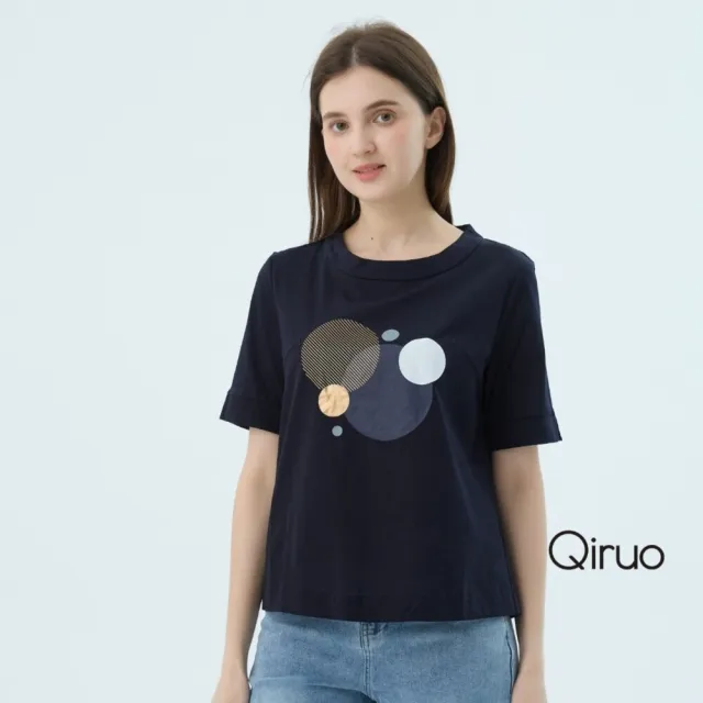 【Qiruo 奇若名品】春夏專櫃精品丈青色短袖上衣2502A  圓圈女裝
