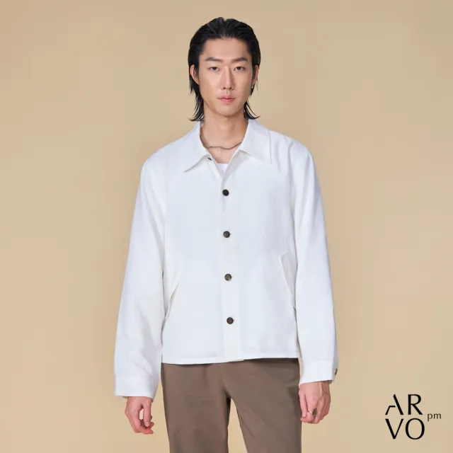 【ARVOpm】男女同款 撞色金屬扣白色短版夾克/教練外套00122504103(限時6折)