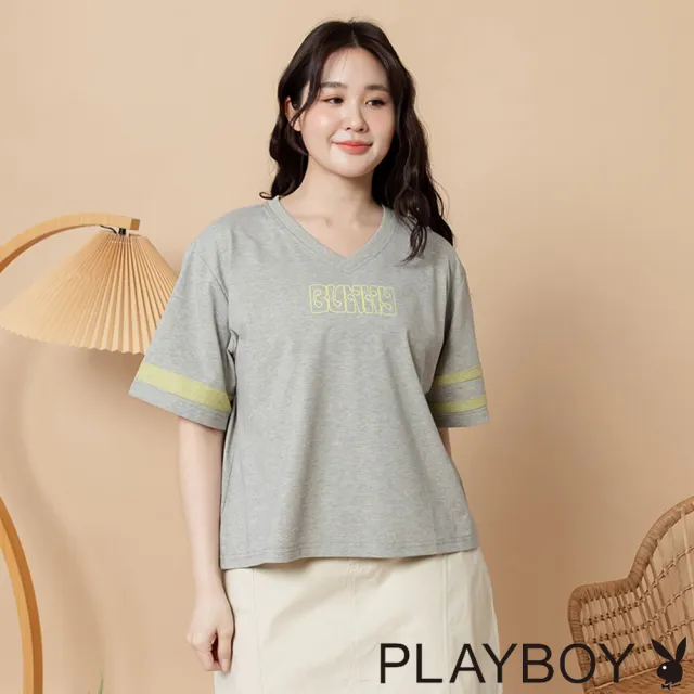 【PLAYBOY】涼感雙色配條短版上衣 - 麻灰色