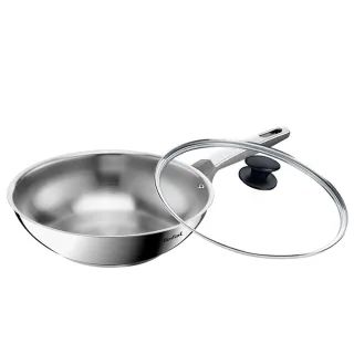 【Tefal 特福】精銳系列28cm不鏽鋼炒鍋+玻璃蓋(不挑爐具、IH爐可用鍋)