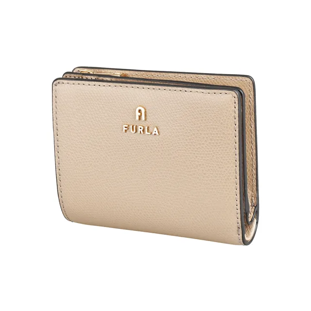 【FURLA 芙拉】FURLA Camelia雷雕鍍金字LOGO小牛皮4卡按釦式零錢短夾(灰褐)