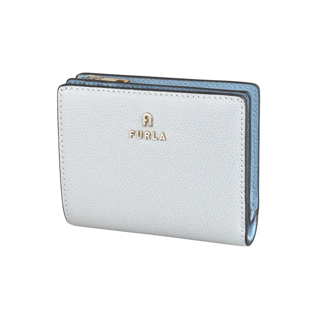 【FURLA 芙拉】FURLA Camelia雷雕鍍金字LOGO小牛皮4卡按釦式零錢短夾(水晶白x灰藍)