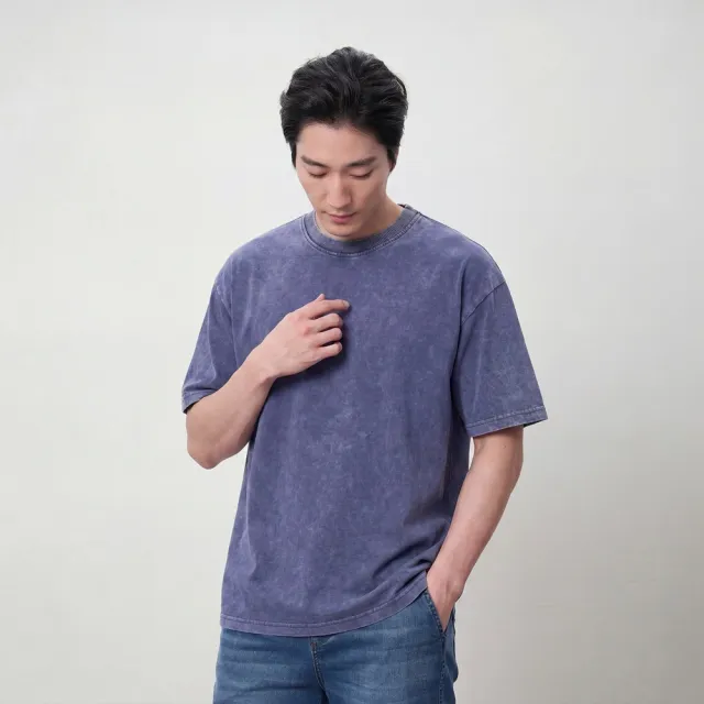 【GIORDANO 佐丹奴】男裝重磅平紋石洗雪花復古短袖T恤(63 靛槐藍)