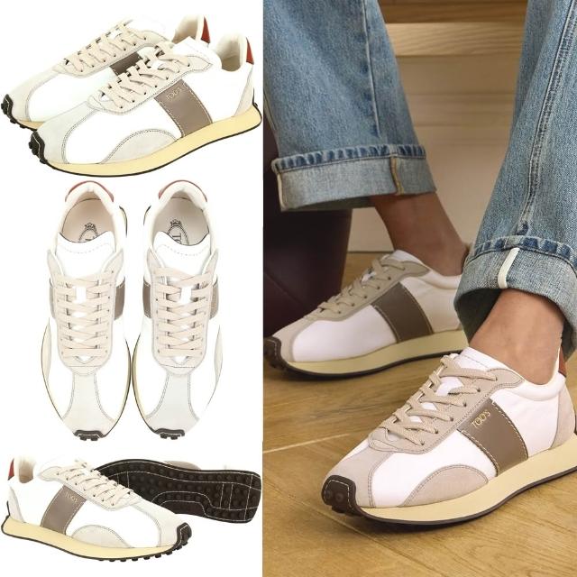 【TOD’S】TODS T Vintage 燙金字母飾小牛皮科技面料拼接麂皮繫帶運動鞋-男鞋 白色(義大利手工皮革)