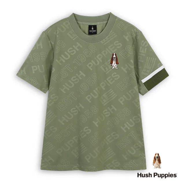 【Hush Puppies】男裝 上衣 涼感滿版HP拼接袖刺繡狗上衣 (灰綠 / 63110106)