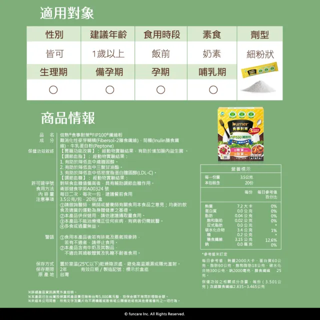 【funcare 船井生醫】倍熱 食事對策FIP100纖維粉(20包/盒)X5  (健康食品三功效、大餐.外食必備/膳食纖維)