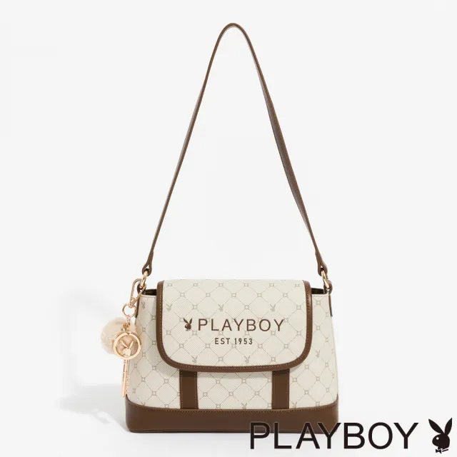 【PLAYBOY】斜背包附短背帶  Bunny Lattice系列 - 咖啡色