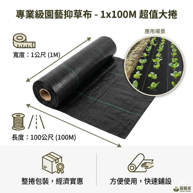 【poko】優質抑草蓆1*100米+鐵地釘100支 除草布 (草布 刈草墊 黑色除草墊 遮草布 黑網蓋布 園藝地布)