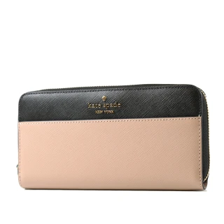 【KATE SPADE】Madison 防刮十字紋拚色拉鍊長夾-奶茶色/黑
