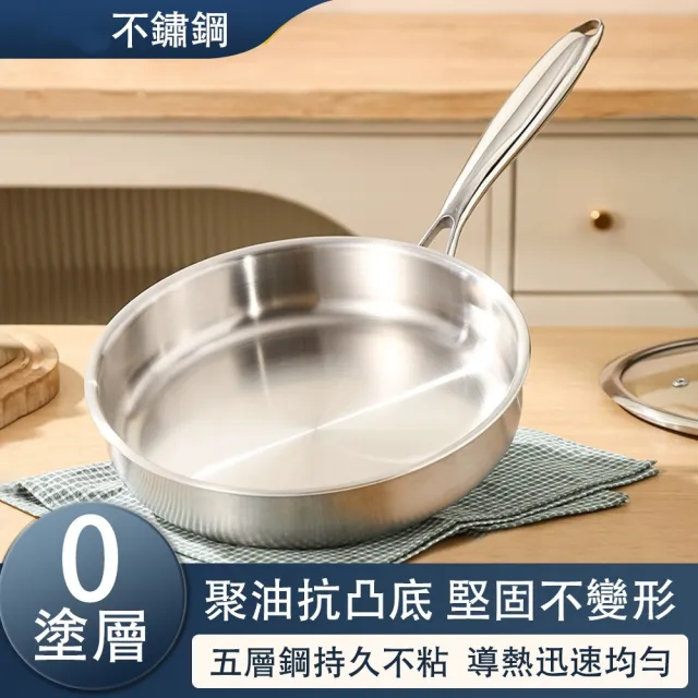 【佳美多】無塗層鍋子 家用平底鍋 不粘鍋(煎鍋 不鏽鋼平底鍋 電磁爐專用 聚能鍋底 受熱均勻 26cm煎鍋帶蓋)