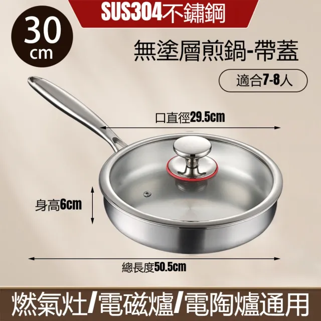 【佳美多】無塗層鍋子 平底鍋 家用平底鍋 鍋 煎鍋(煎鍋 平底鍋 電磁爐專用 受熱均勻 30cm煎鍋帶蓋)