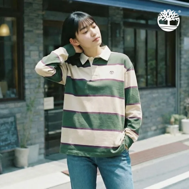 【Timberland】中性松綠色寬版橄欖球POLO衫(A2Q4TADX)