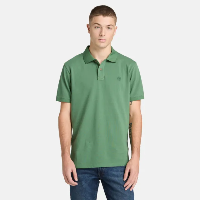 【Timberland】男款綠色休閒短袖Polo衫(A24H2A6Z)