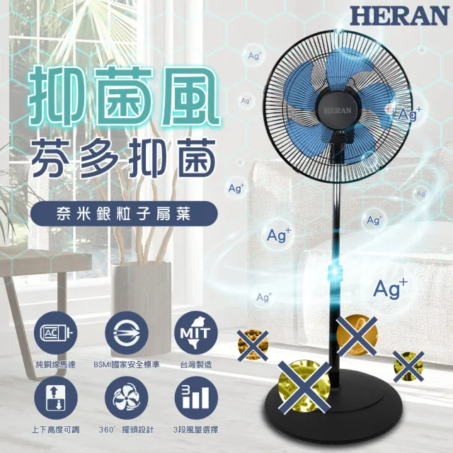 【HERAN 禾聯】16吋AC-奈米銀抑菌 360度擺頭工業扇(HAF-16SH52B)