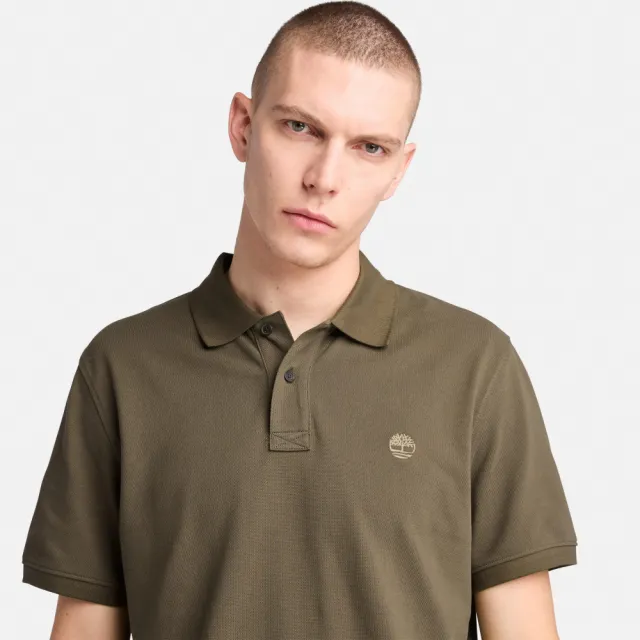 【Timberland】男款軍綠色休閒短袖POLO衫(A6943A58)