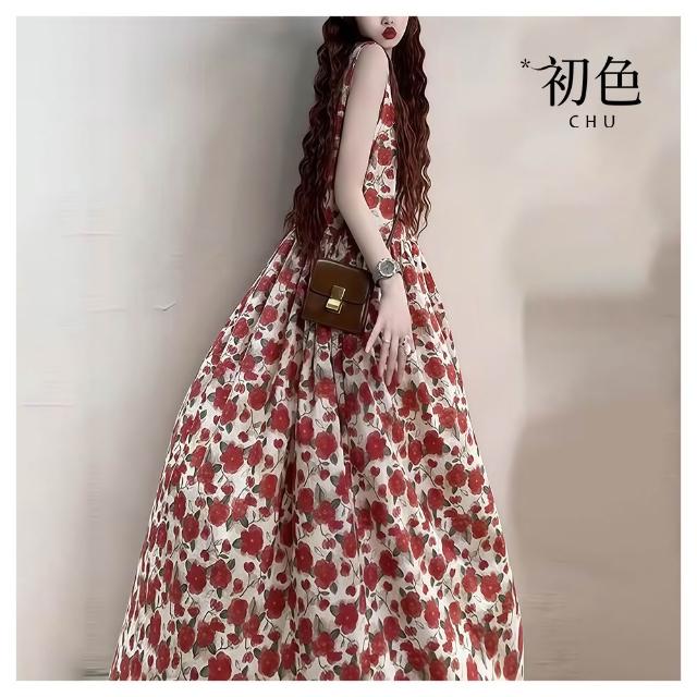 【初色】復古風圓領無袖碎花壓褶口袋寬鬆中長裙連衣裙連身洋裝長裙-花色-50373(M-2XL可選)