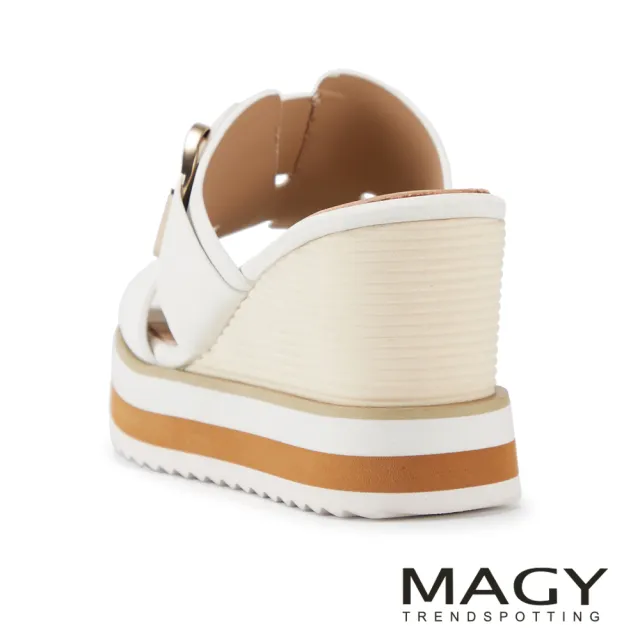 【MAGY】牛皮金屬裝飾厚底楔型涼拖鞋 白色