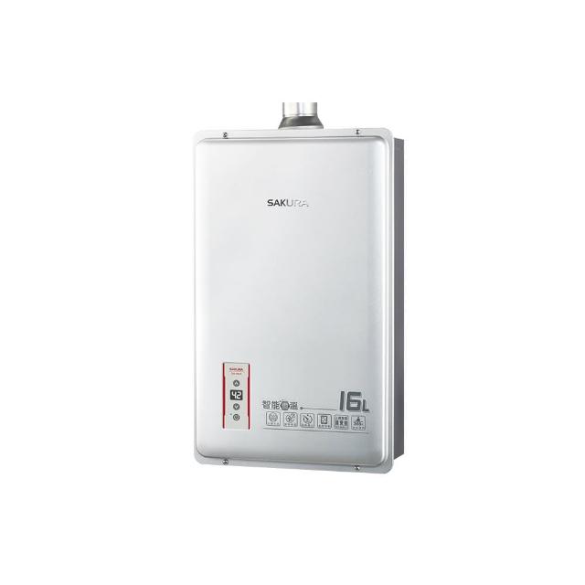 SAKURA櫻花牌 DH-1603 SAKURA櫻花牌 DH-1603 瓦斯熱水器,臺灣製造,採用FE強制排氣式設計,確保安全高效。數位恆溫控制,提供穩定16L/min熱水輸出,適閤家庭使用。支援天然瓦斯(NG1)或液化瓦斯(LPG),消耗量33.1kW,熱效率達83.0%,能源效率第二級。電子式自動點火,尺寸350x148x570 mm,重量16 kg,110V電壓,BSMI認證R51085,全機1年保固。完美解決沐浴、洗碗等熱水需求,提升生活舒適度。