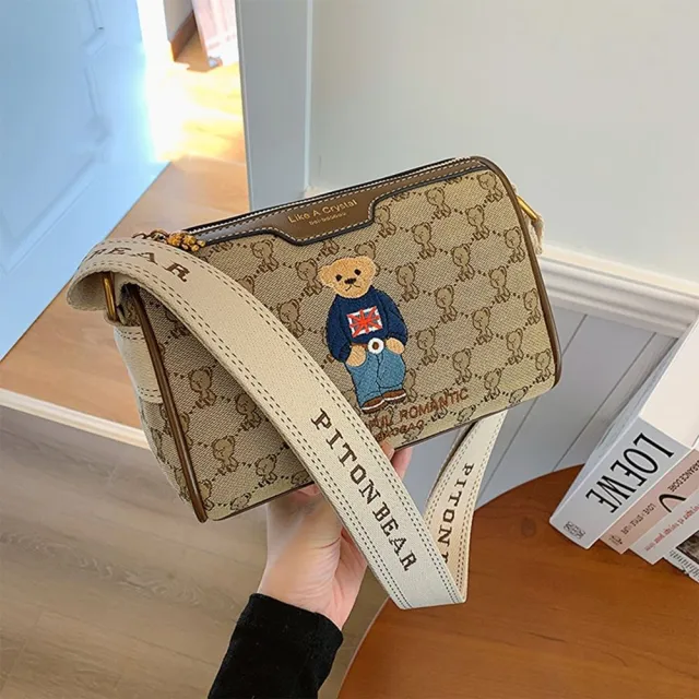 【巴黎精品】現貨限搶 側背包皮革肩背包托特包帆布包波士頓包隨身女包包(小熊提花斜背寬肩帶a1ev12)4.
